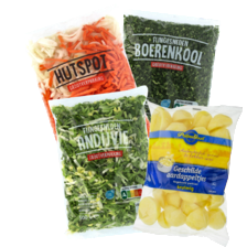 Fijngesneden andijvie of
boerenkool zak à 500 gram,
hutspot of Poldergoud
geschilde aardappeltjes zak à 1000 gram